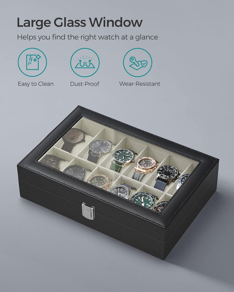SONGMICS 12 Slots Watch Box with Glass Lid and Removable Watch Pillows Beige Lining