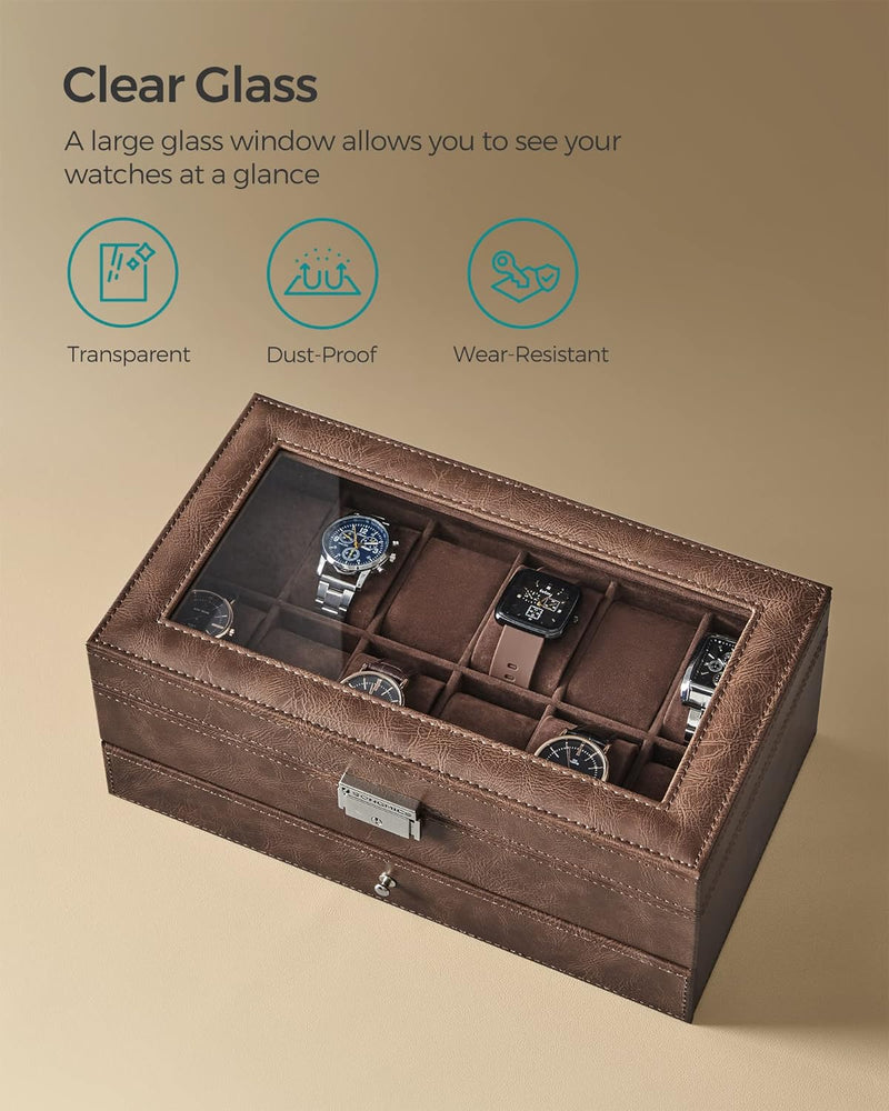 SONGMICS 2-Tier Watch Box for 12 Watches with Glass Lid and 1 Drawer Brown Lining