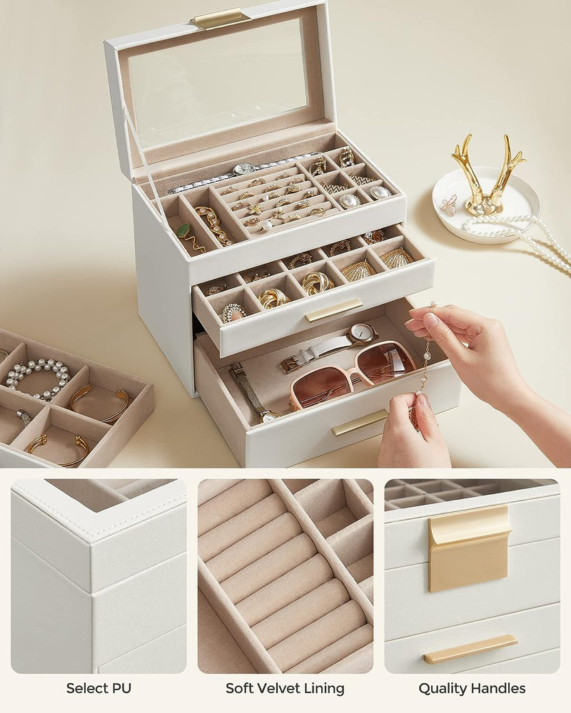 SONGMICS 4-Layer Jewelry Box with 3 Drawers and Glass Lid Cloud White and Gold Color