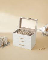 SONGMICS 4-Layer Jewelry Box with 3 Drawers and Glass Lid Cloud White and Gold Color