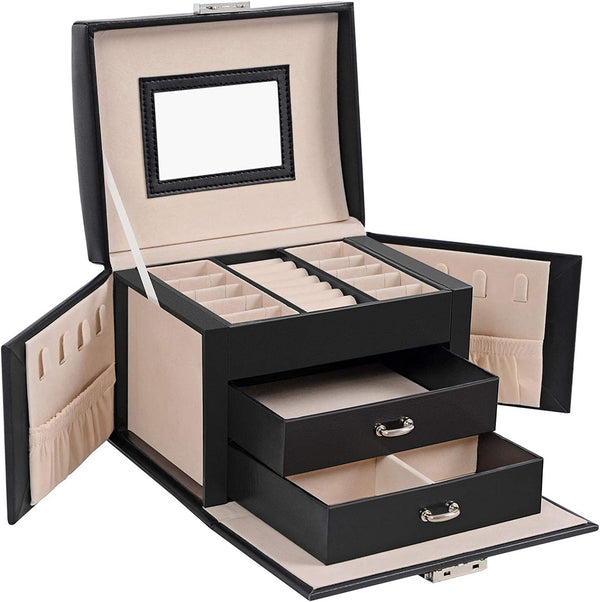 SONGMICS Lockable Jewellery Box Case with 2 Drawers and Mirror Black JBC154B01
