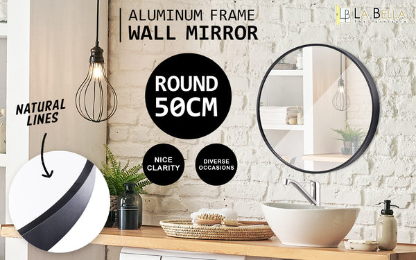 Wall Mirror Round Aluminum Frame Bathroom 50cm BLACK