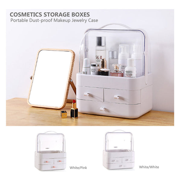 Cosmetics Storage Boxes Portable Dust-proof Makeup Jewelry Case Desktop Drawer(White-White)