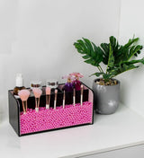 Leather Makeup Brush Cosmetic Organiser Storage Box with Pink Pearls, Acrylic Cover and 3 Compartments(Black)