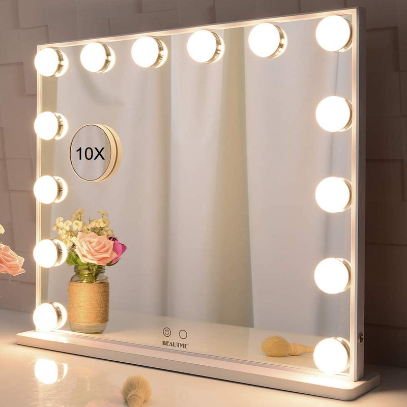 Hollywood Makeup Vanity Mirror with LED Lights and Detachable 10X Magnification Mirror (White, 62 x 51 cm)