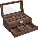 SONGMICS 2-Tier Watch Box for 12 Watches with Glass Lid and 1 Drawer Brown Lining