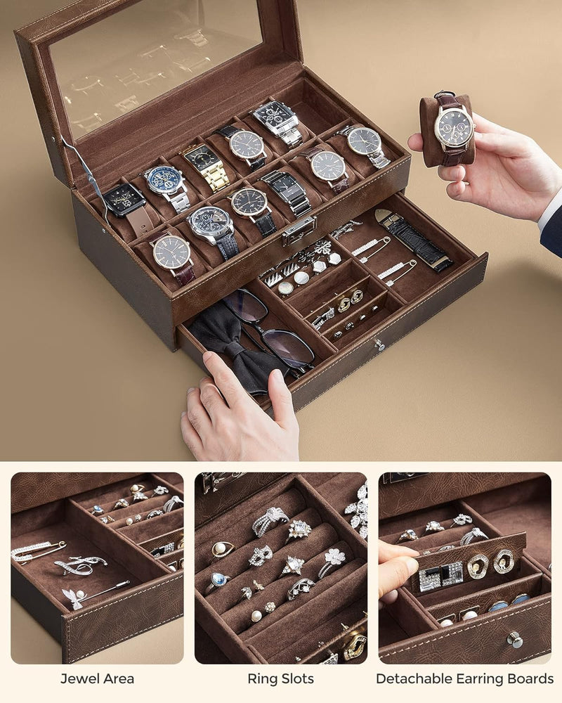 SONGMICS 2-Tier Watch Box for 12 Watches with Glass Lid and 1 Drawer Brown Lining