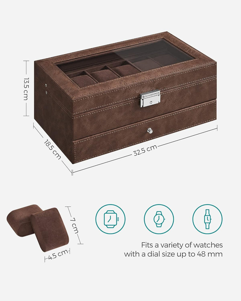 SONGMICS 2-Tier Watch Box for 12 Watches with Glass Lid and 1 Drawer Brown Lining