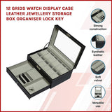 12 Grids Watch Display Case Leather jewellery Storage Box Organiser Lock Key