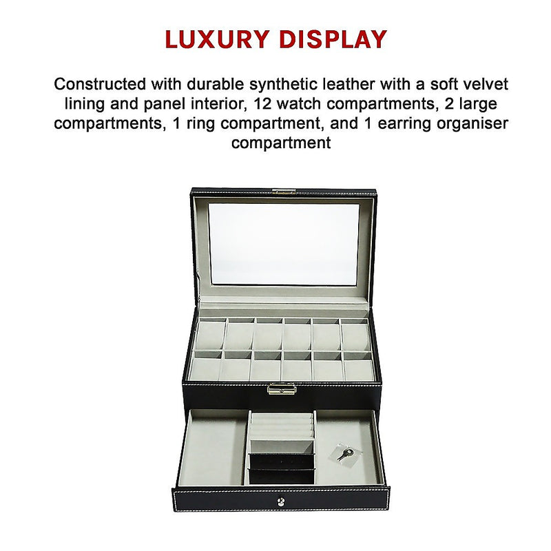 12 Grids Watch Display Case Leather jewellery Storage Box Organiser Lock Key