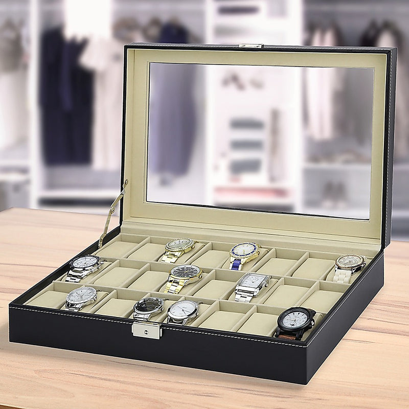 Watch Box - 24 Slot Luxury Display Case With Framed Glass Lid