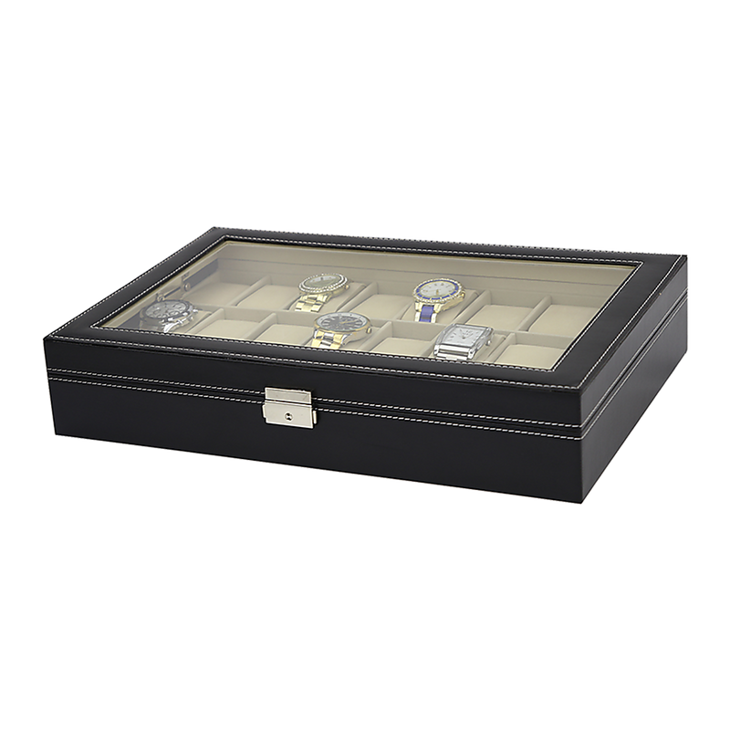 Watch Box - 24 Slot Luxury Display Case With Framed Glass Lid